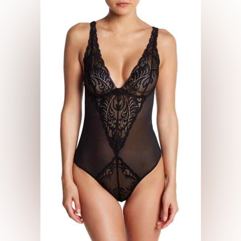 Natori BLACK Feathers Sheer Lace Bodysuit, US Medium